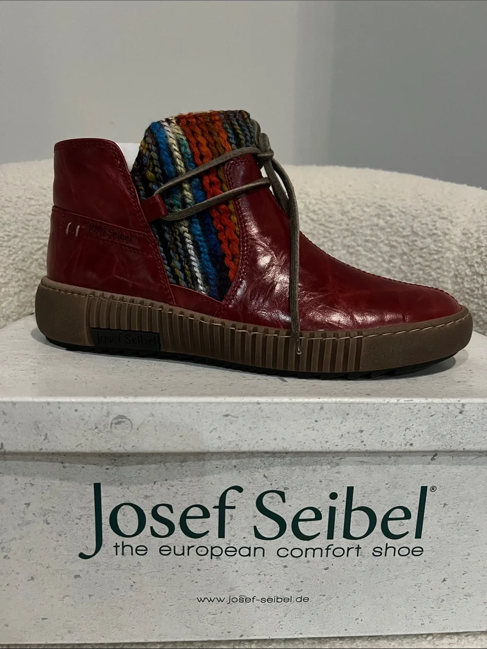 Josef Seibel Red Leather Ankle Boot with Multicolor Knit Insert